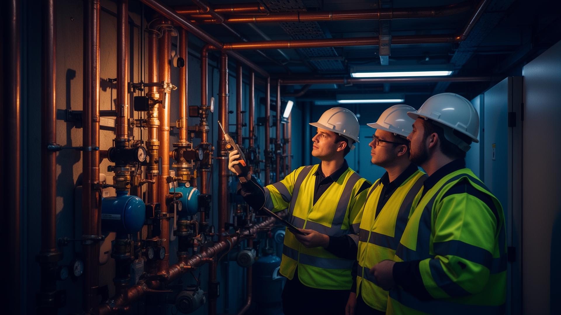 Mechanical services engineers inspecting copper pipework in a UK plantroom